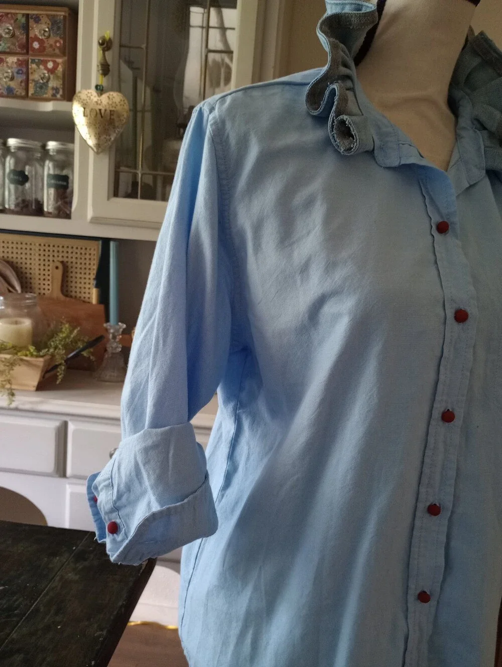 Light Blue Ruffle Collar Button-Up Shirt - Picture 5 of 10